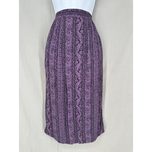 90s Vintage Skirt Womens Small Purple Floral Midi Black Pockets Cottage Boho - Picture 1 of 8